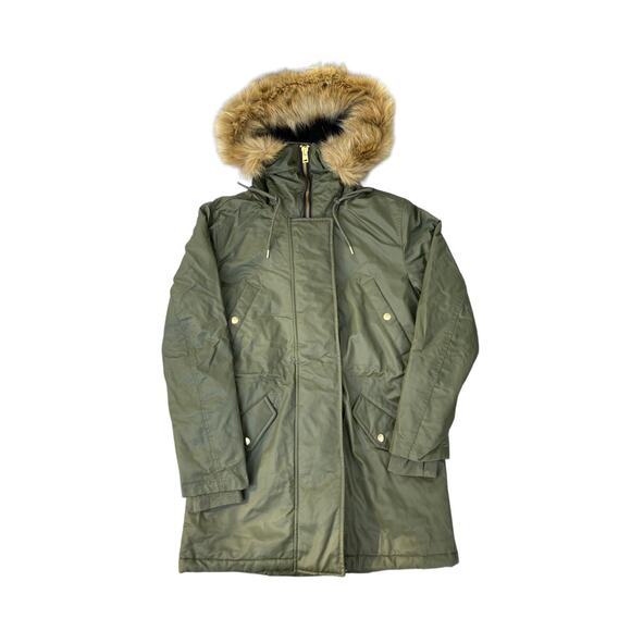 J Crew Perfect Winter Parka Jacket Zip Up Snap Front Faux Fur Hood Women's XS - Picture 1 of 8